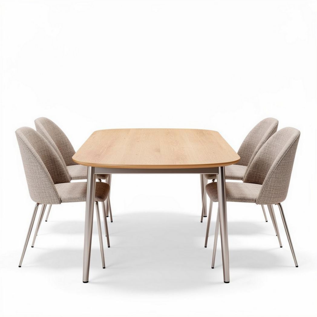 Wood dining table with upholstered chairs in beige fabric suitable for home use