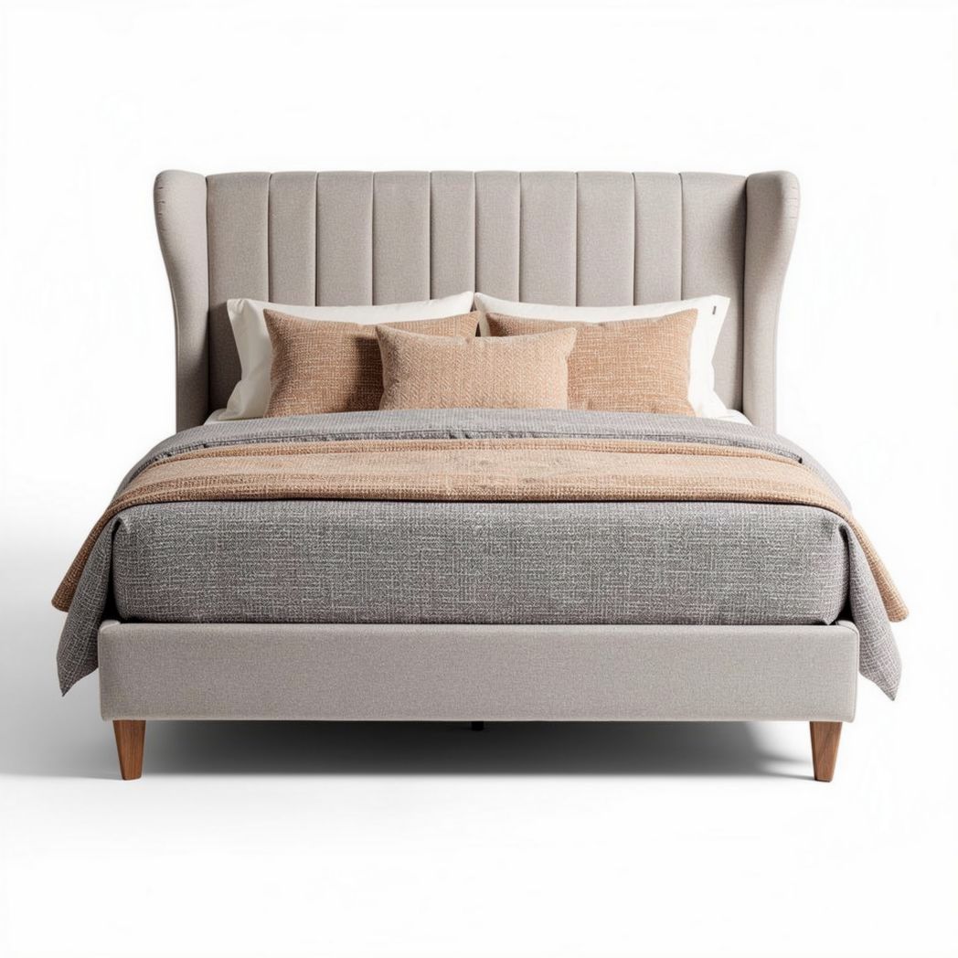 Fabric upholstered bed frame with wingback headboard in light gray 200 x 160 x 120cm