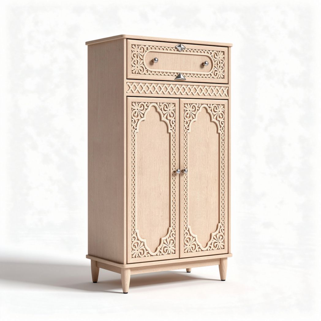 Wooden cabinet with carved doors and drawer for storage 80 x 40 x 130cm