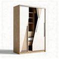 Sliding door wardrobe with multiple shelves and wooden finish 180 x 100 x 50cm