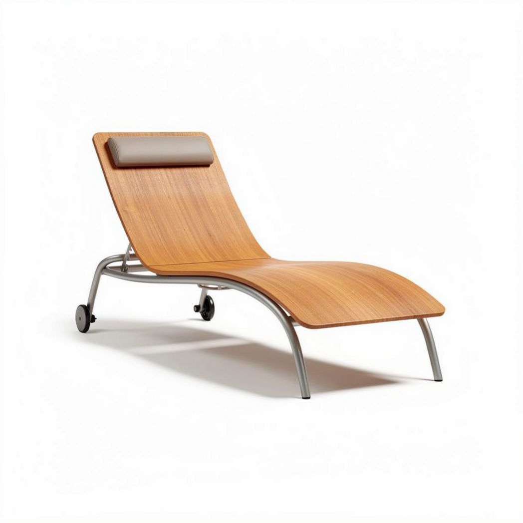 Wooden lounge chair with metal frame and adjustable headrest for outdoor use