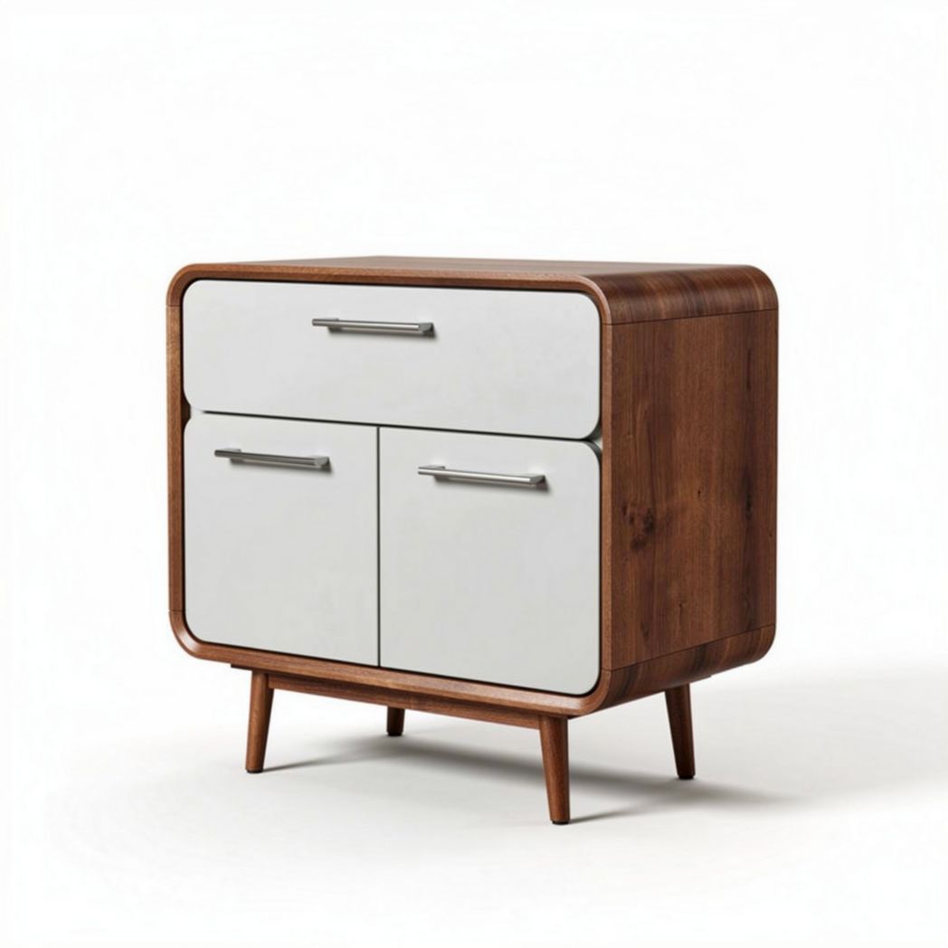 Wood mid-century modern nightstand with two drawers and metal handles 40 x 40 x 50cm