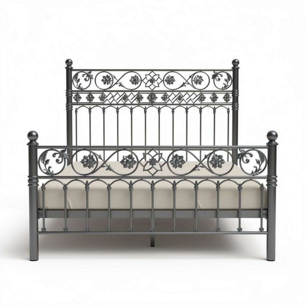 Metal bed frame with floral design and sturdy construction 200 x 160 x 120cm