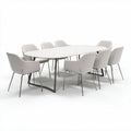 Oval dining table set with eight fabric upholstered chairs in grey 200 x 100 x 75cm