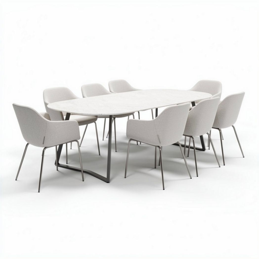 Oval dining table set with eight fabric upholstered chairs in grey 200 x 100 x 75cm