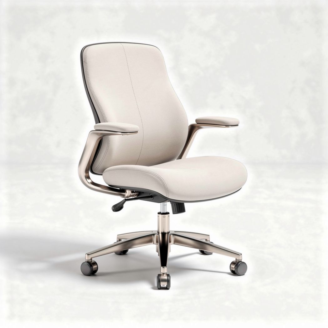 Ergonomic office chair with adjustable armrests in white fabric and chrome base
